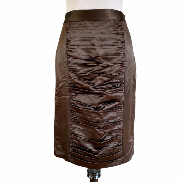 NWT Milly Brown Satin Gathered Pencil Skirt 2